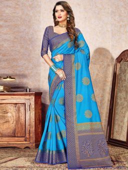 Sangam Prints - Sky Blue Nylon Silk Heavy Zari Work Traditional Saree with Unstitched Blouse
