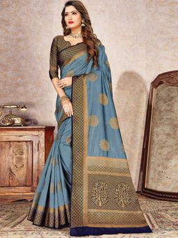 Sangam Prints - Grey Nylon Silk Heavy Zari Work Traditional Saree with Unstitched Blouse