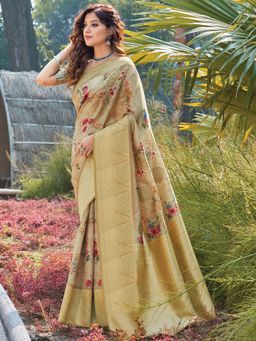 Sangam Prints - Beige Silk Woven Work Traditional Saree with Unstitched Blouse