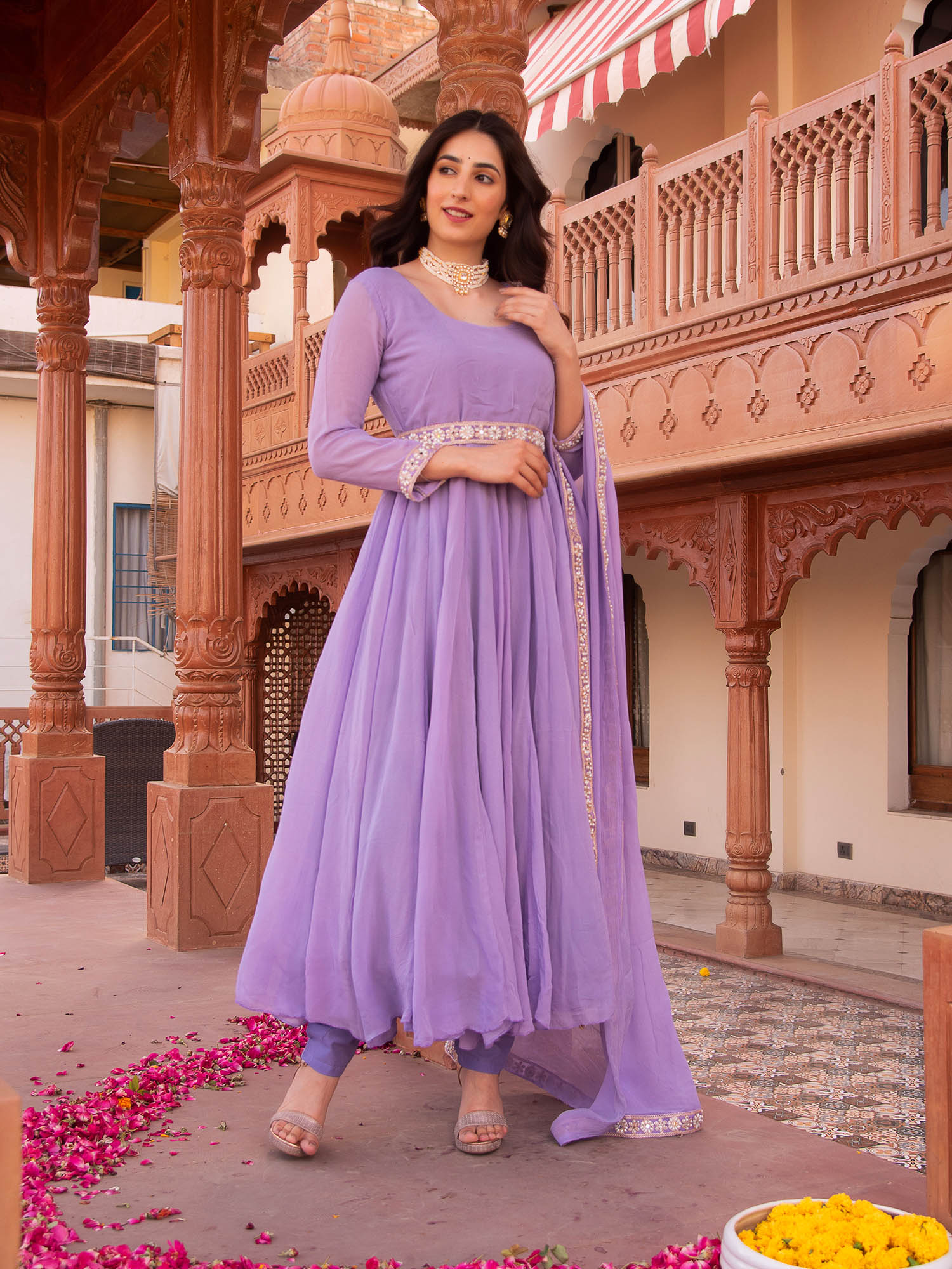 Buy Calmna Serene Lavender Gotapatti Georgette Anarkali Suit (Set of 4)  Online