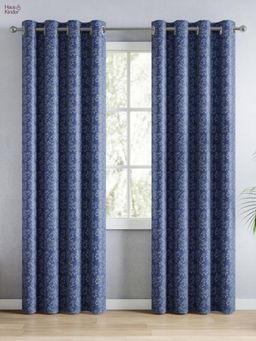 Haus & Kinder - Navy Blue Polyester Blackout Embossed Door Curtain Elysian Bloom (Pack Of 2) (7 Feet)