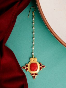 Silvermerc Designs - Gold Plated Red Floral Ethnic Maang Tikka