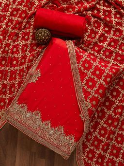 Koskii - Red Stonework Semi Crepe Unstitched Salwar Suit (Set of Three)