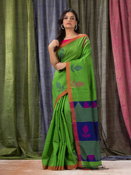 Angoshobha - Green Cotton Blended Traditional Jamdani Saree with Unstitched Blouse