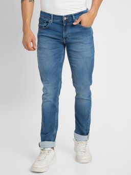 Spykar - Men Mid Blue Cotton Stretch Regular Fit Narrow Length Jeans (Rover)