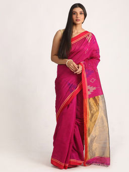 Angoshobha - Dark Pink Cotton Blended Handloom Jamdani Saree with Unstitched Blouse