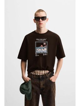 MISCHIEF MONKEY - Men Brown Cotton Round Neck T-Shirt