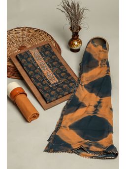 KISHORI - Women Printed Unstitched Cotton Kurta & Bottom, Chiffon Dupatta Set Teal Green