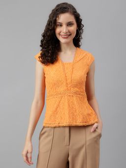 Latin Quarters - Women Cap Sleeve Papaya Color Lace Top