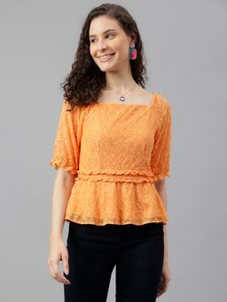 Latin Quarters - Women Half Sleeve Papaya Color Lace Top
