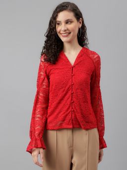 Latin Quarters - Women Full Sleeve Red Color Lace Top