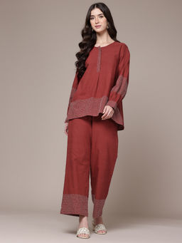 Ritu Kumar - Womens Cotton Thread Work Embroidered Maroon Co-Ord Set