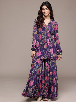 Ritu Kumar - Womens Viscose Beads Floral Purple Kurti with Sharara
