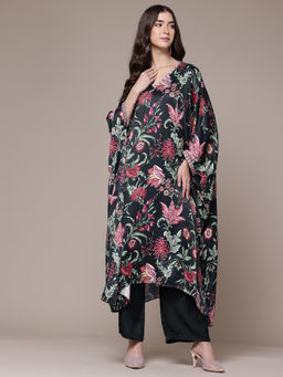 Ritu Kumar - Womens Viscose Printed Floral Black Kaftan with Pant