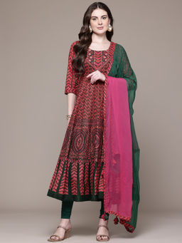 Ritu Kumar - Womens Cotton Embroidered Printed Red Kurta with Leggings and Dupatta