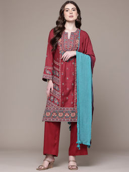 Ritu Kumar - Womens Cotton Thread Work Embroidered Red Kurta with Pant and Dupatta