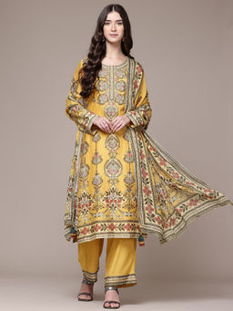 Ritu Kumar - Womens Cotton Sequined Embroidered Yellow Kurta with Pant and Dupatta