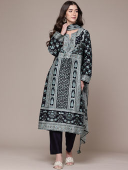 Ritu Kumar - Womens Cotton Printed Floral Navy Blue Kurta with Pant and Dupatta