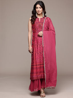 Ritu Kumar - Womens Cotton Embroidered Printed Pink Kurta with Palazzo and Dupatta