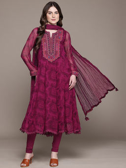 Ritu Kumar - Womens Viscose Embroidered Floral Pink Kurta with Leggings and Dupatta