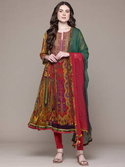 Ritu Kumar - Womens Viscose Embroidered Printed Multi-Color Kurta with Leggings and Dupatta