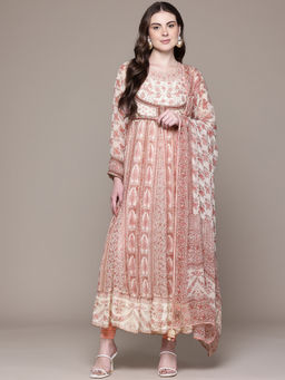 Ritu Kumar - Womens Viscose Printed Floral Peach Anarkali Kurta with Leggings and Dupatta