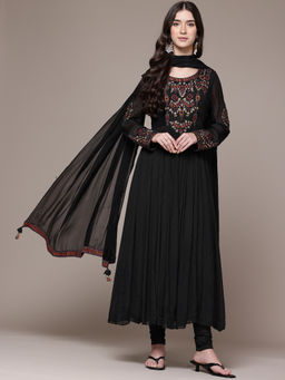Ritu Kumar - Womens Viscose Printed Embroidered Black Anarkali Kurta with Leggings and Dupatta