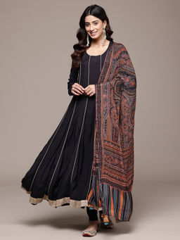 Ritu Kumar - Womens Viscose Printed Stripes Black Anarkali Kurta with Leggings and Dupatta