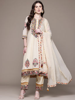 Ritu Kumar - Womens Viscose Thread Work Embroidered Beige Kurta with Pant and Dupatta