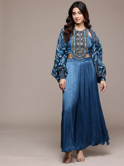 Ritu Kumar - Womens Viscose Embroidered Ombre Blue Crop Top with Shrug and Palazzo
