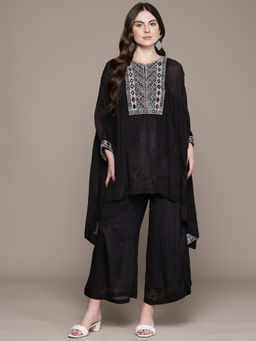 Ritu Kumar - Womens Silk Beads Embroidered Black Kaftan with Palazzo and Inner