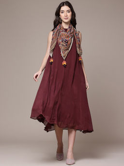 Ritu Kumar - Womens Viscose Solid Maroon Dress with Scarf