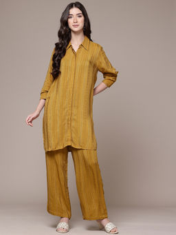 Ritu Kumar - Womens Viscose Thread Work Stripes Yellow Co-Ord Set