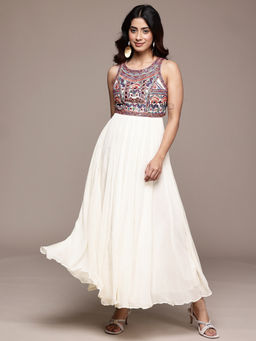 Ritu Kumar - Womens Viscose Mirror Work Embroidered White Dress