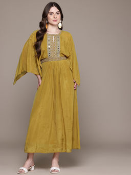 Ritu Kumar - Womens Silk Mirror Work Embroidered Yellow Dress