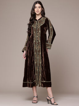 Ritu Kumar - Womens Viscose Thread Work Embroidered Brown Dress