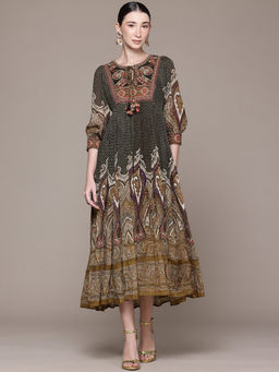 Ritu Kumar - Womens Viscose Embroidered Printed Green Dress