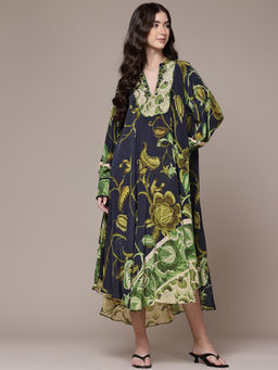 Ritu Kumar - Womens Viscose Printed Floral Navy Blue Dress with Inner