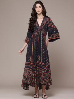 Ritu Kumar - Womens Viscose Mirror Work Printed Black Dress