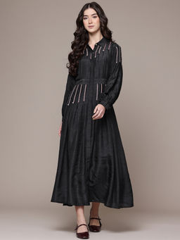 Ritu Kumar - Womens Viscose Thread Work Embroidered Black Dress