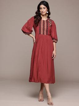 Ritu Kumar - Womens Viscose Thread Work Embroidered Red Dress