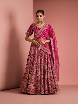 MILU MADAN - Womens Raw Silk Sequined Embroidered Pink Lehenga with Stitched Blouse and Dupatta