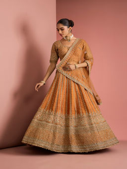 MILU MADAN - Womens Raw Silk Sequined Embroidered Rust Lehenga with Stitched Blouse and Dupatta