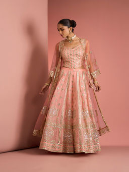 MILU MADAN - Womens Georgette Silk Mirror Work Embroidered Taupe Blouse with Sharara and Cape