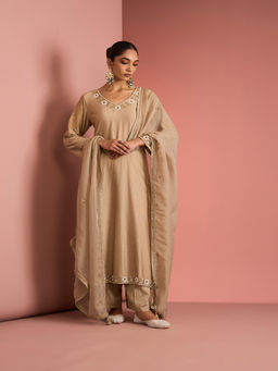 MILU MADAN - Womens Cotton Silk Beads Embroidered Taupe Kurta with Palazzo and Dupatta