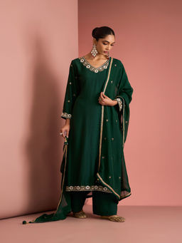MILU MADAN - Womens Cotton Silk Beads Embroidered Green Kurta with Palazzo and Dupatta