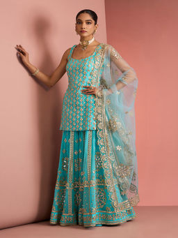 MILU MADAN - Womens Georgette Silk Mirror Work Embroidered Blue Kurti with Sharara and Dupatta