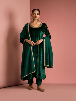 MILU MADAN - Womens Velvet Sequined Embroidered Green Kurta with Pant and Dupatta