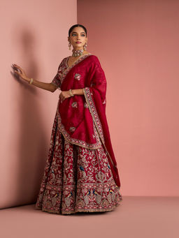 MILU MADAN - Womens Raw Silk Beads Embroidered Red Lehenga with Stitched Blouse and Dupatta