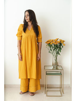 Mala Singh - Womens Cotton Solid Mustard Kurta with Palazzo